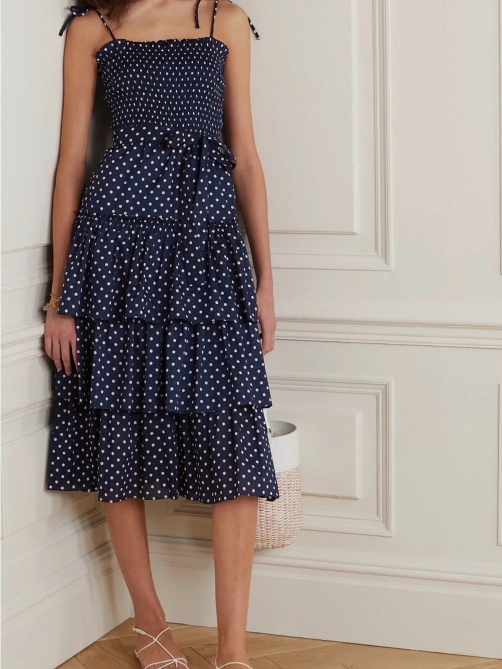 Tory Burch Navy White Polka Dot Tiered Maxi Dress